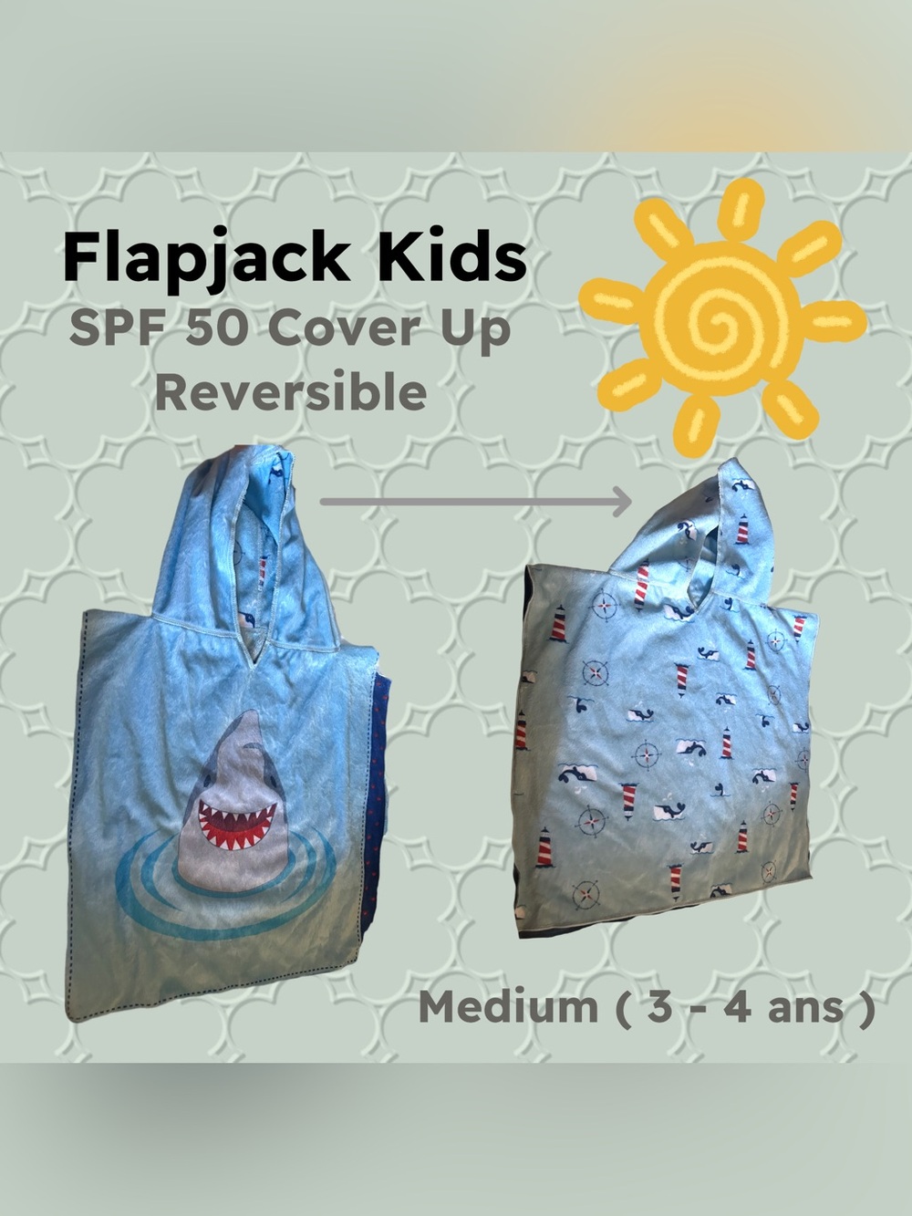 👍VGUC FLAPJACK KIDS | MED | Cute Unisex Reversible Cover Up Shark & Nautical
